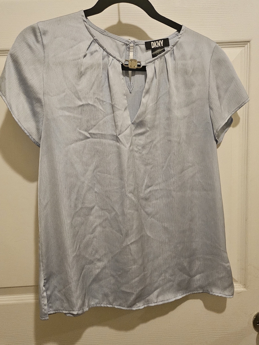 DKNY Pale Blue Short Sleeve Keyhole Blouse with Gold Hardware